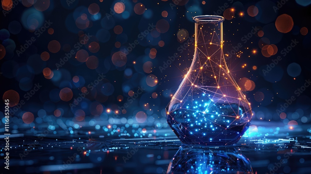 Aufkleber glowing flask with network connections on dark background.