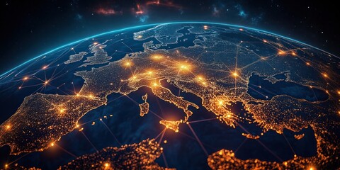 Cyberpunk 3D Map of Europe with City Lights and Network Connections Featuring Global Connectivity and Data Transfer