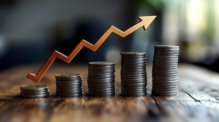 A symbolic stack of coins next to an upward arrow representing financial growth success investment profitability and economic development on a neutral background conveying wealth and prosperity
