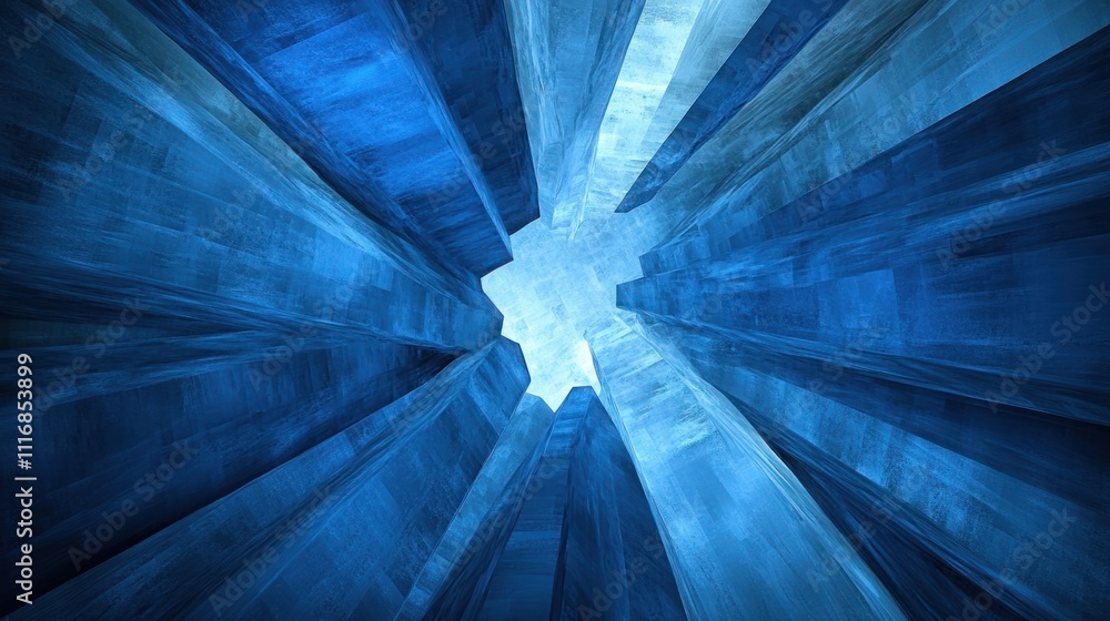 Poster abstract perspective of tall blue structures under a clear sky, emphasizing vertical lines and clima