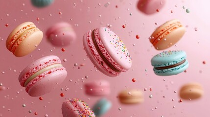 Fototapeta premium Pastel Macarons with Sprinkles on Soft Pink Background