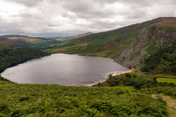 A large body of water sits in a valley surrounded by trees