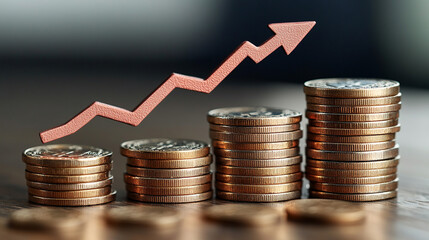 A symbolic stack of coins next to an upward arrow representing financial growth success investment profitability and economic development on a neutral background conveying wealth and prosperity