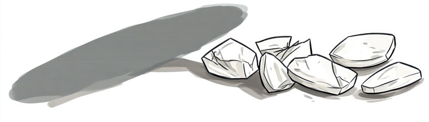 A collection of irregular, white stones scattered on a surface with a shadow.