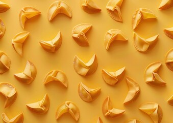 Naklejka premium Colorful arrangement of fortune cookies on a vibrant yellow background, symbolizing luck and fun. Full of charm and positivity, perfect for celebrations and events.