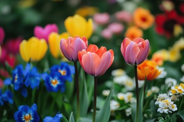 Fototapeta premium Colorful tulips blooming in spring garden with pansies and other flowers