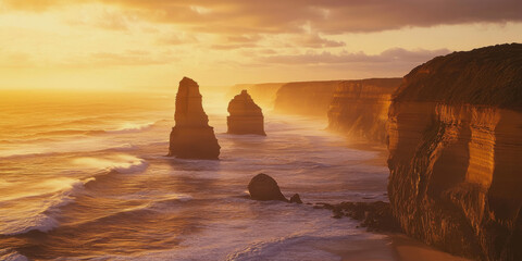 A rugged coastal landscape with towering sea stacks and waves crashing against the rocks. The golden light of sunrise adds warmth to the dramatic scene.