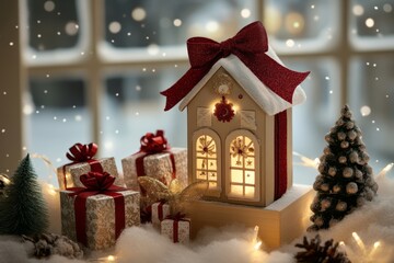A cozy house adorned with a red bow and surrounded by presents, nestled in a blanket of snow, captures the essence of Christmas joy and warmth.