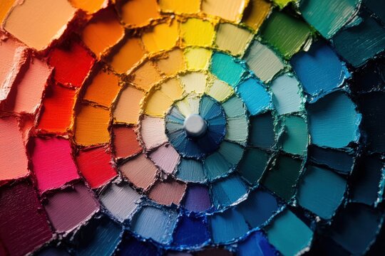 Oil paint tubes creating a color wheel with many different hues