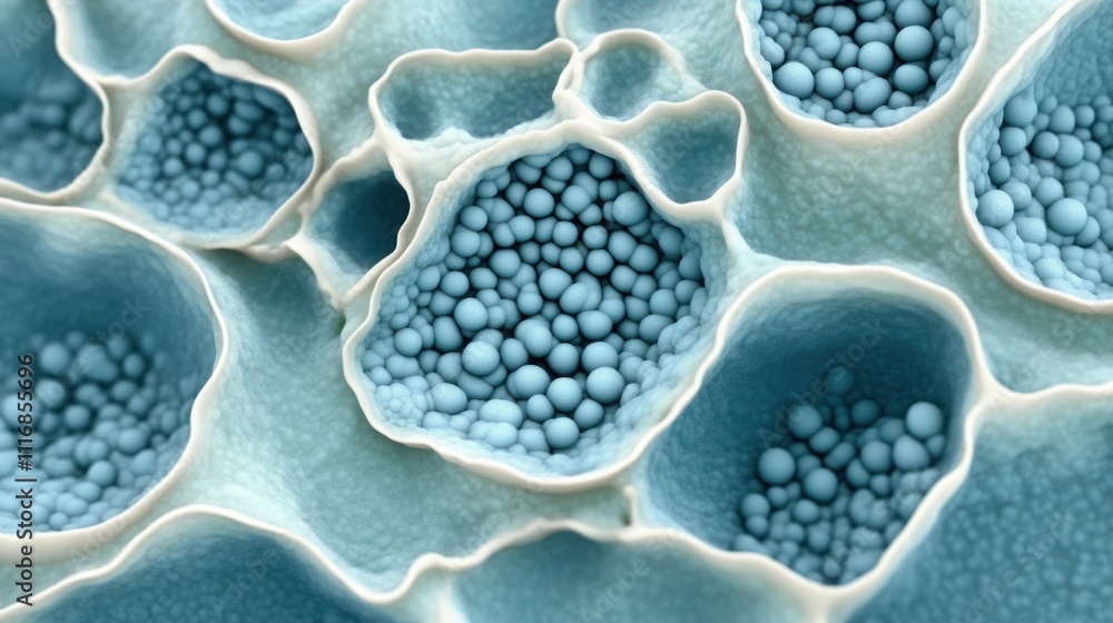 Poster close-up view of microbial cells displaying intricate structures and textures in vibrant blue tones,