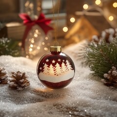 A beautifully crafted Christmas ornament features a serene snow scene, capturing the essence of winter festivities and holiday cheer.