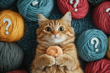 Ginger cat holding yarn ball, question marks on wool skeins