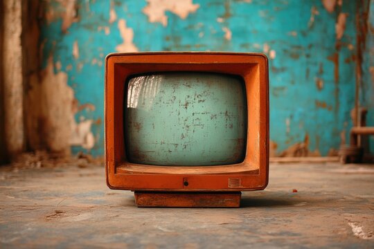 Old orange tv set displaying static noise in abandoned room