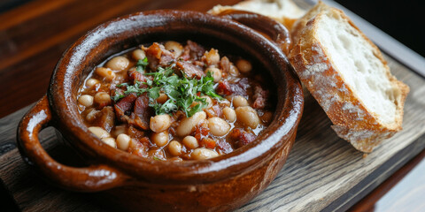 A hearty French cassoulet, with slow-cooked white beans, sausage, duck confit, and bacon, served in a rustic clay pot with crusty bread on the side. The dish feels rich and comforting.