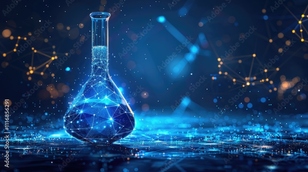 Poster glowing polygonal flask on digital background.