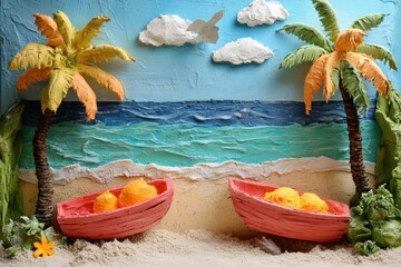Obraz premium Two toy boats resting on sandy beach with palm trees and ocean in background