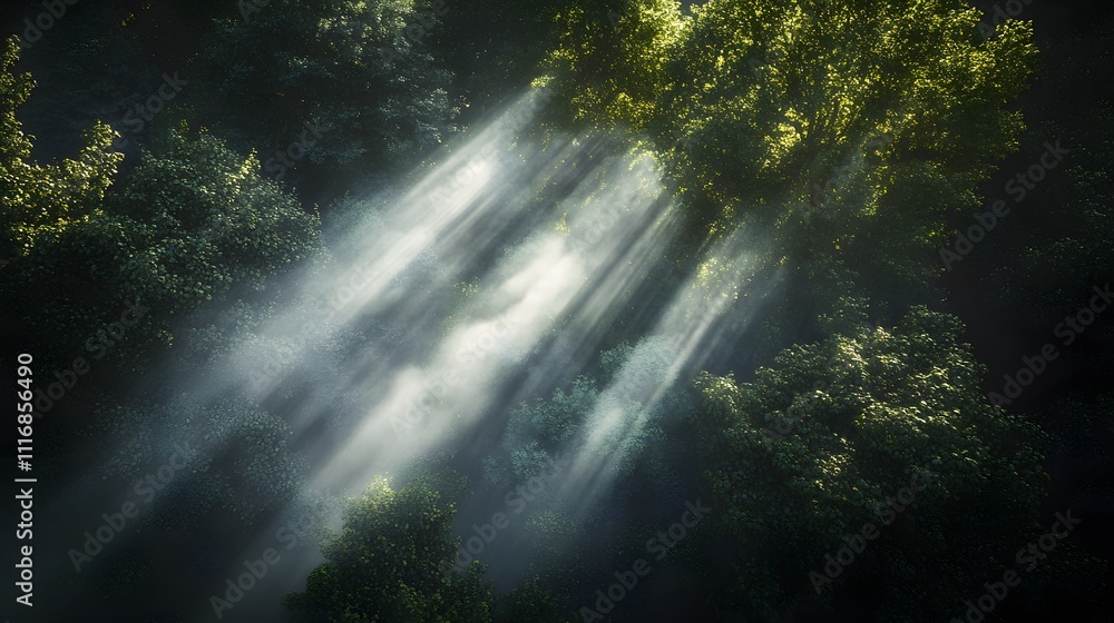 Poster ethereal sunlight filtering through a dense forest, creating a serene and mystical atmosphere.