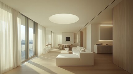Fototapeta premium Modern living room design with natural light urban apartment interior photography minimalist style