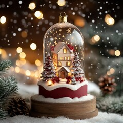 A charming snow globe features a cozy house surrounded by delicate snowflakes, evoking the warmth and joy of the Christmas season.