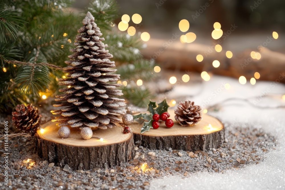Poster two pine cones rest on a tree stump, illuminated by twinkling lights in the background, creating a c
