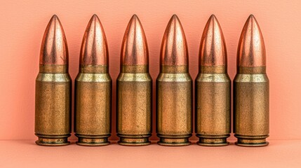Bullet cartridges displayed on coral background macro photography industrial design abstract view