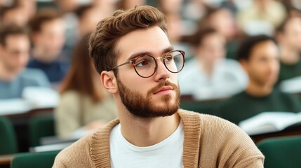 Male student university college environment concept. Student Attending University Lecture in Packed Hall