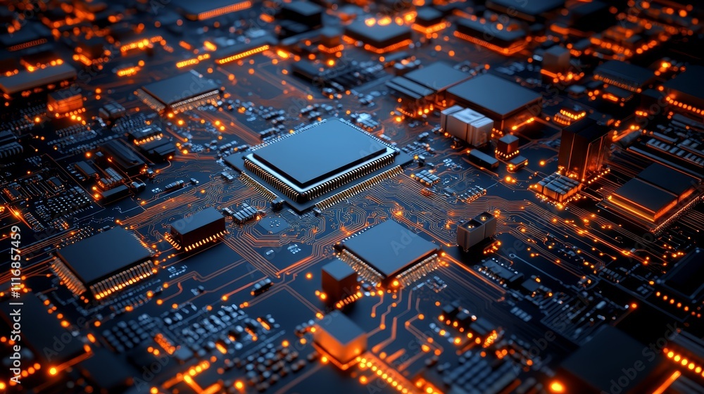 Poster glowing circuit board computer chip technology background