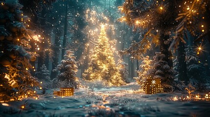 Enchanting Illuminated Christmas Tree in a Snowy Winter Forest