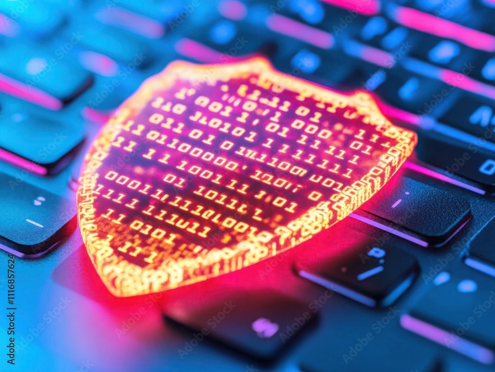 Poster modern digital security concept with bright shield symbol overlaying keyboard, emphasizing cyber def