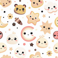 Kawaii food and celestial seamless pattern.