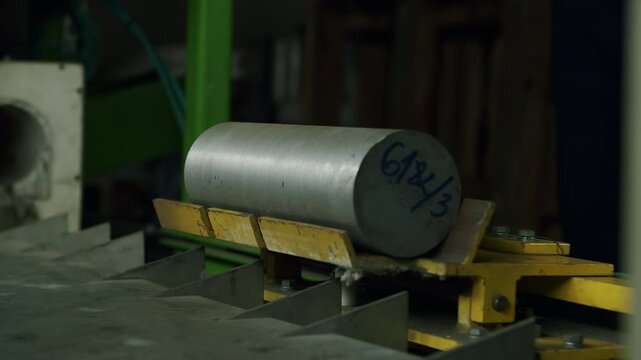 4K Aluminum billet on industrial conveyor, manufacturing process in metal production, heavy industry, engineering technology, raw material preparation, metalworking, sustainable industrial operations
