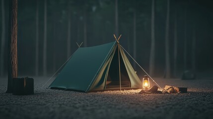 Camping adventure at night in the forest tent with lantern outdoor serenity peaceful vibe