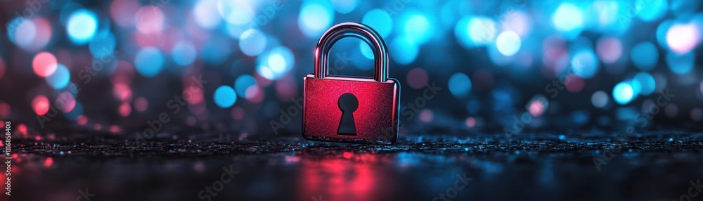 Aufkleber close-up of a shiny metallic padlock on a sparkling background with red and blue lights, symbolizing