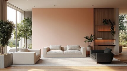 Fototapeta premium Modern Minimalist Interior Design 2025 Peach Wall Cozy Furniture Greenery Lighting