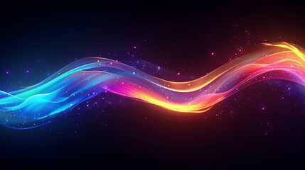 Obraz premium Glowing, vibrant wave of light with iridescent particles on a dark background.