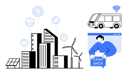 Modern cityscape with wind turbines and solar panels highlights sustainability while public transport and cashback rewards emphasize convenience. Ideal for smart cities, eco-friendly living