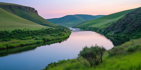 A peaceful river winding through a lush valley surrounded by steep green hills. The water reflects the soft hues of the evening sky.