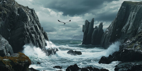 A rugged rocky coastline with waves crashing against jagged cliffs. Seafoam splashes up on the rocks, and a seagull can be seen soaring above the waves. The sky is dramatic with dark clouds gathering