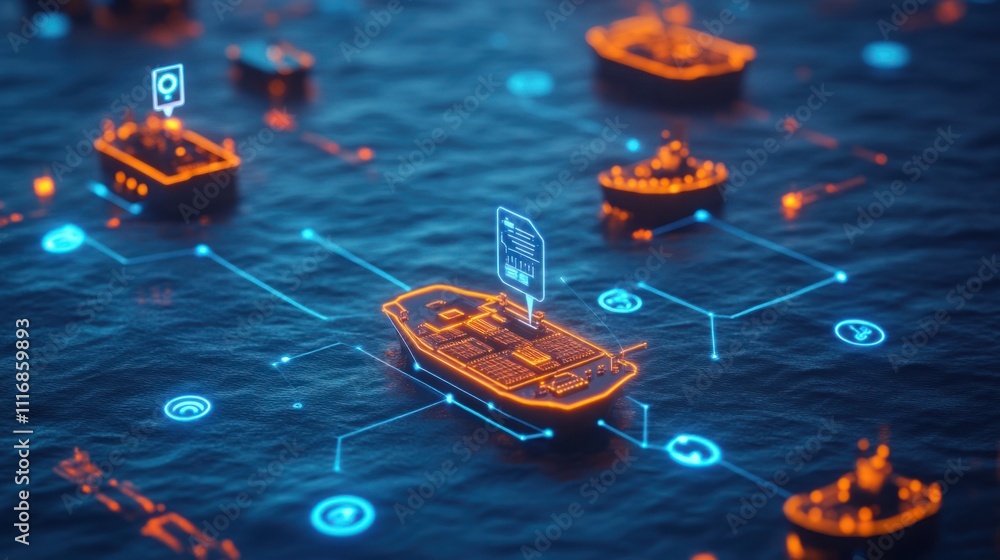 Aufkleber futuristic maritime technology visualizing digital connectivity with ships and data patterns in an o