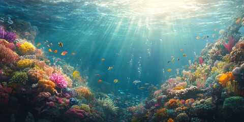 Naklejka premium A vibrant coral reef beneath the ocean, teeming with colorful fish, sea anemones, and corals of various shapes. The sunlight filters through the clear water, creating a mesmerizing underwater