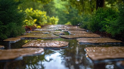 Fototapeta premium Rainy Day Stone Path in Lush Garden