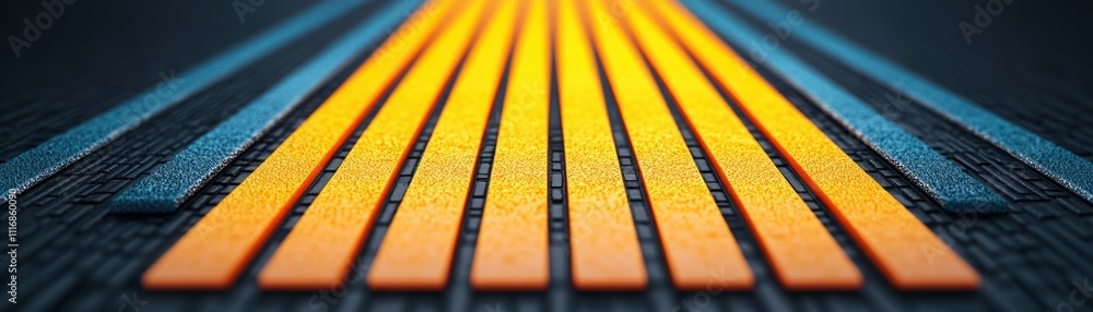 Poster vibrant lines of orange and blue against a dark textured background creating a modern abstract desig