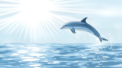 A dolphin leaps from the ocean, sunlight shining above.