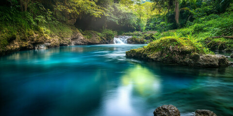 A tranquil river flowing through a dense forest. The water reflects the surrounding greenery and the soft light of the morning sun.