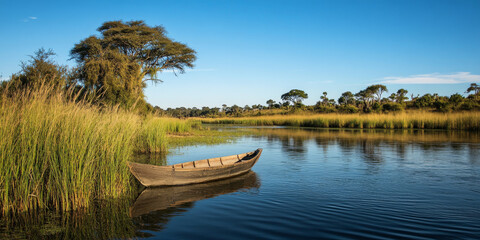 Obraz premium A peaceful riverbank surrounded by wild grasses, reeds, and tall trees. The water is calm, reflecting the clear blue sky above, and a small wooden boat is tied to the shore, ready to drift into the