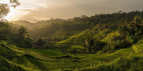 A quiet rice field at sunrise, with terraces cascading down a hillside. The golden light of dawn highlights the lush green fields.