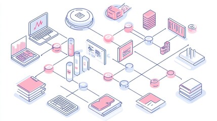 A digital illustration depicting interconnected data and analytics tools.