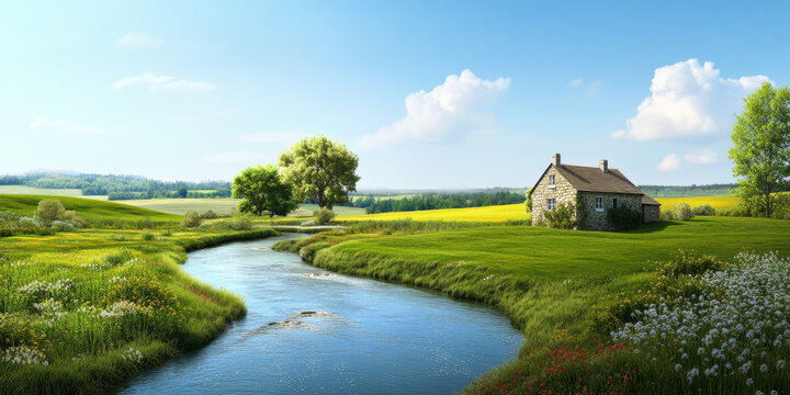 A peaceful countryside scene with rolling hills, a meandering river, and a small stone cottage. The fields are filled with vibrant green grass and wildflowers, and the sky is clear with a few fluffy