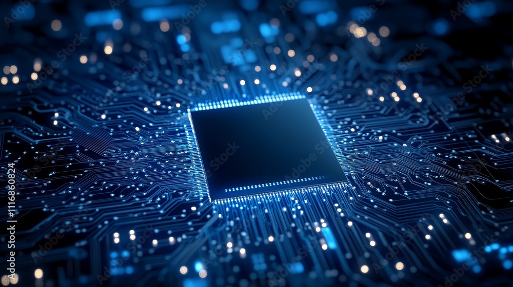 Poster glowing circuit board with cpu technology background