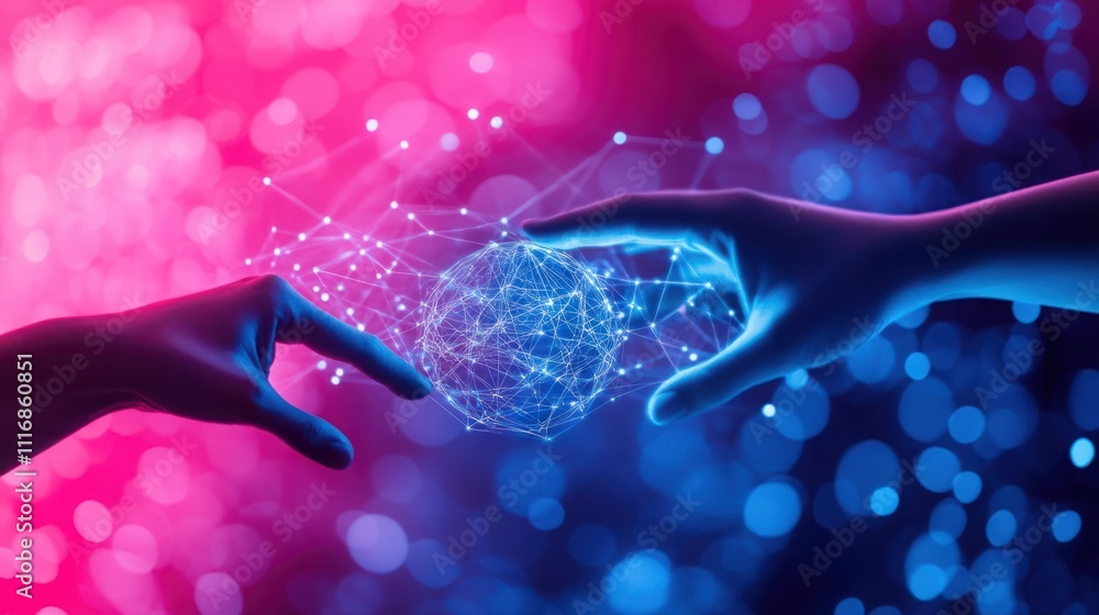 Poster human hands reaching out to create a digital sphere with connection points against a soft focus back